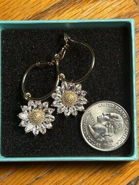 Gold-Tone Sunflower Cubic Zirconia Hoop Dangle Earrings